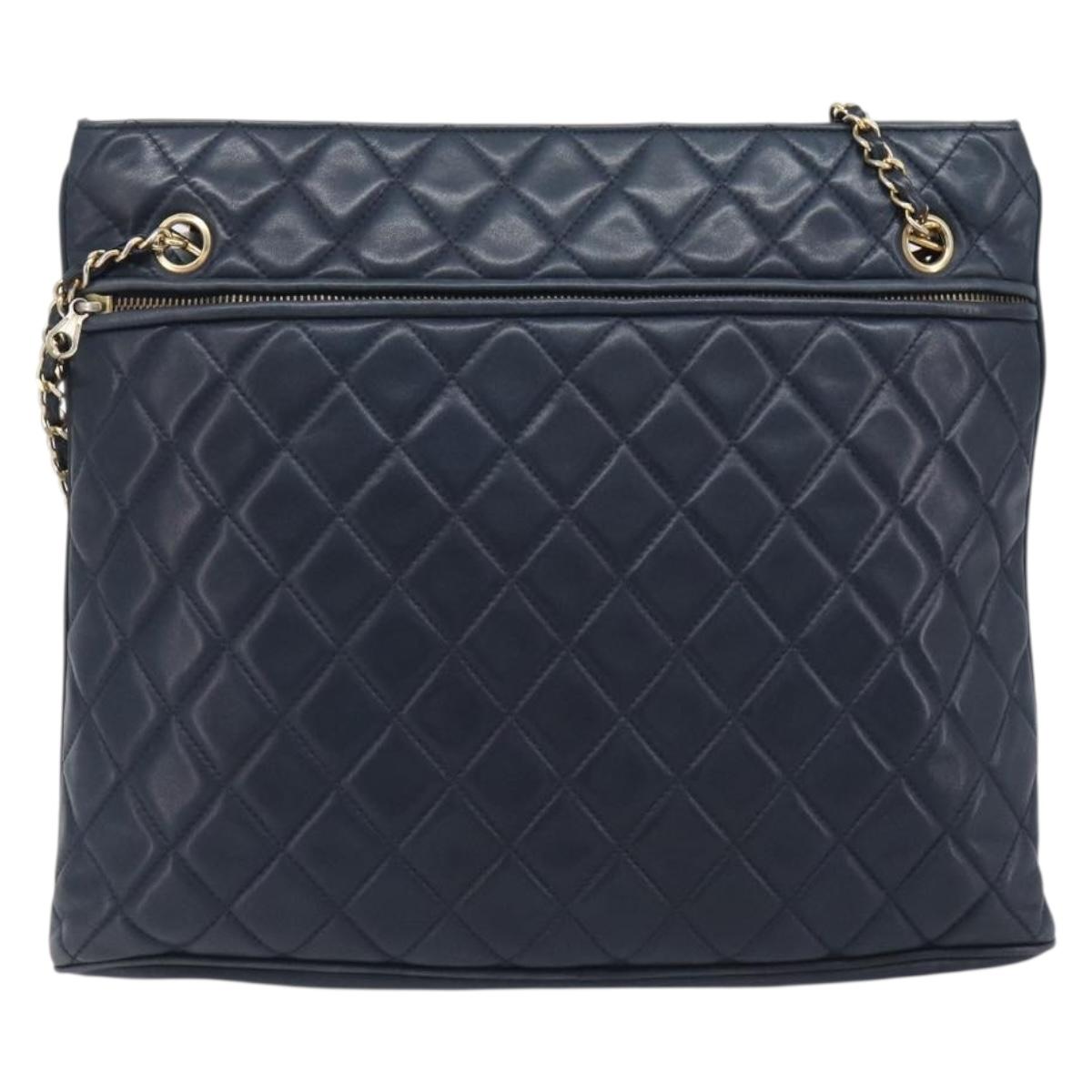CHANEL Matelasse Chain Shoulder Bag Lamb Skin Navy Gold CC Auth 212060