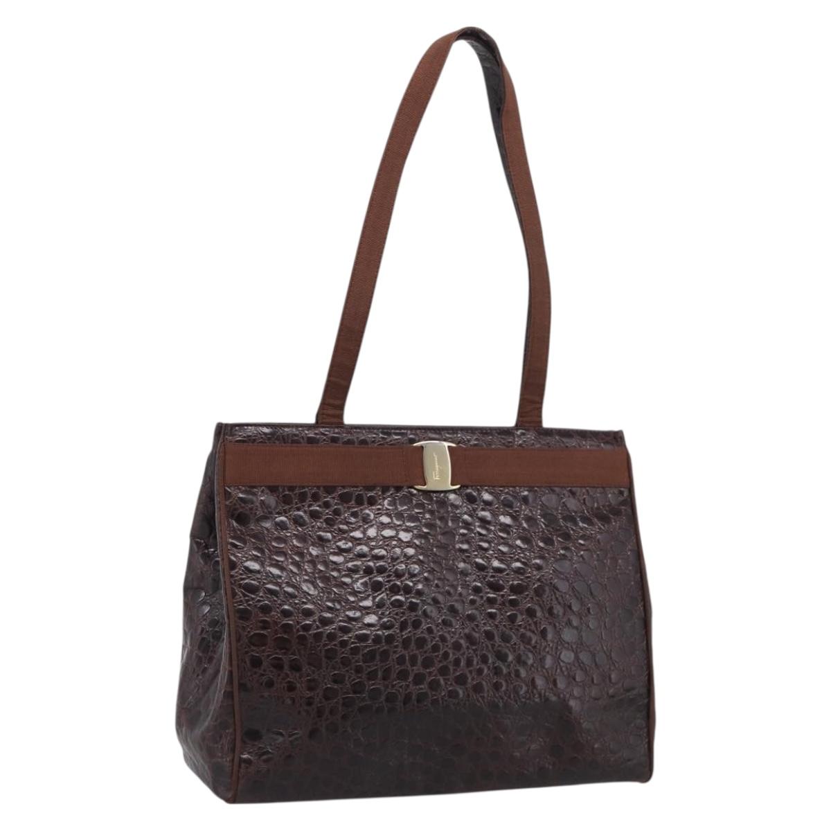Salvatore Ferragamo Vala Tote Bag Croco Embossing Brown Gold Auth 212061A