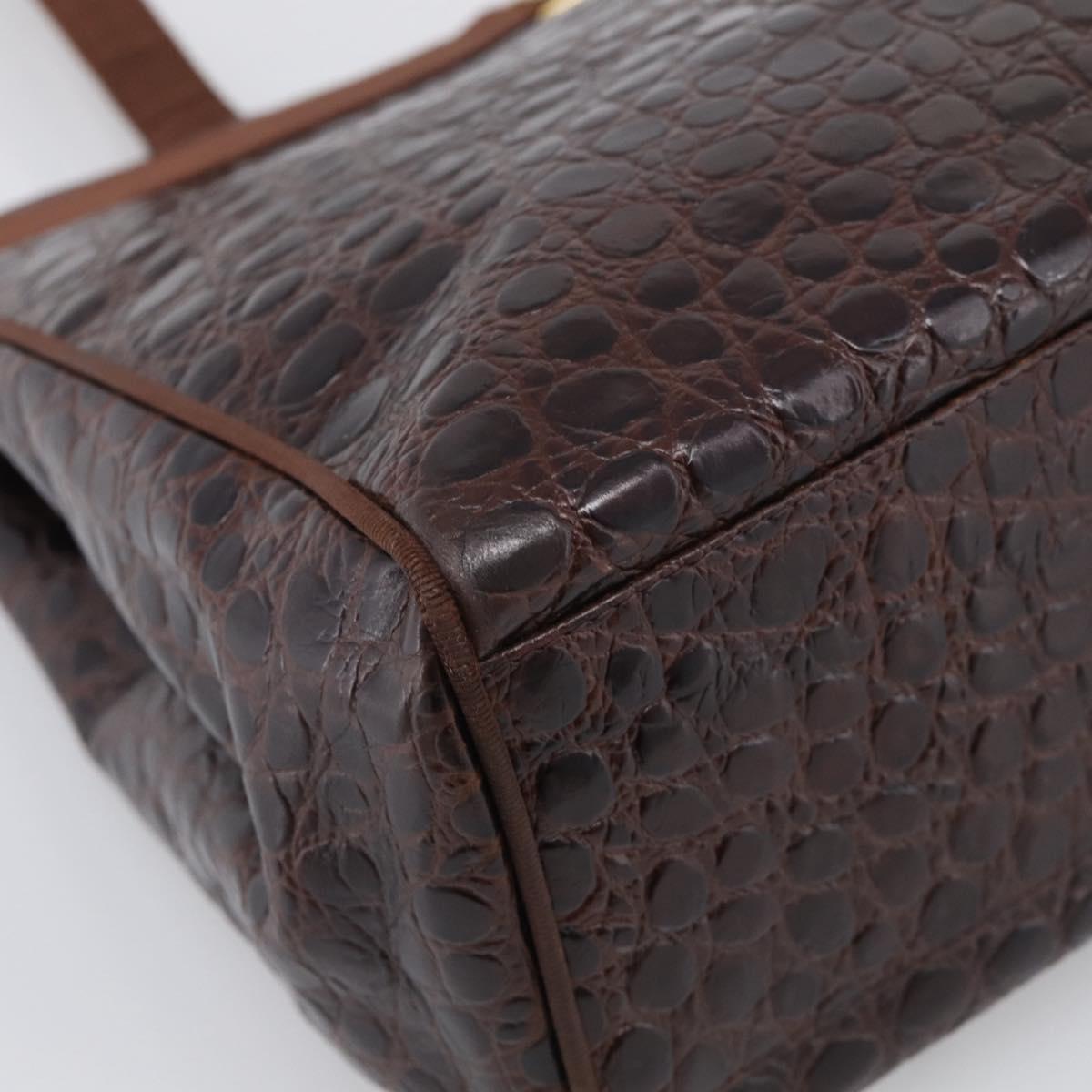 Salvatore Ferragamo Vala Tote Bag Croco Embossing Brown Gold Auth 212061A