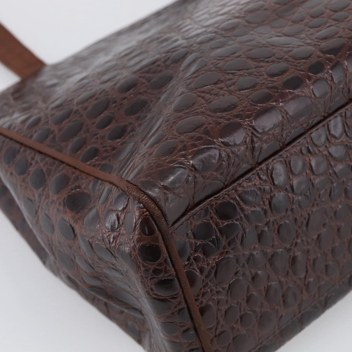 Salvatore Ferragamo Vala Tote Bag Croco Embossing Brown Gold Auth 212061A