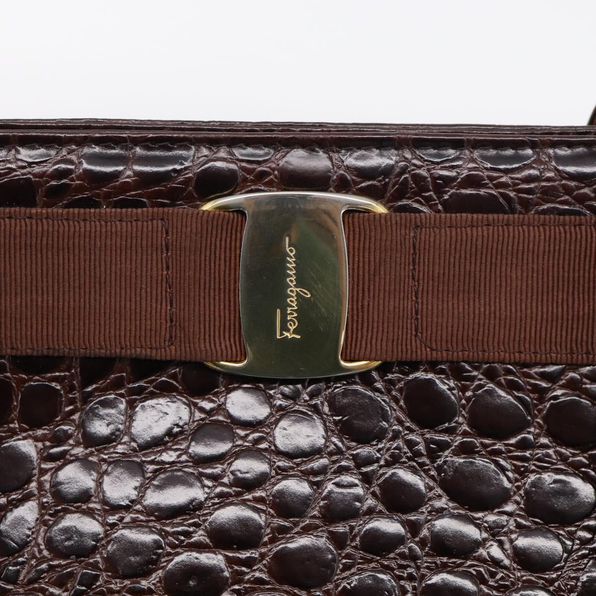 Salvatore Ferragamo Vala Tote Bag Croco Embossing Brown Gold Auth 212061A