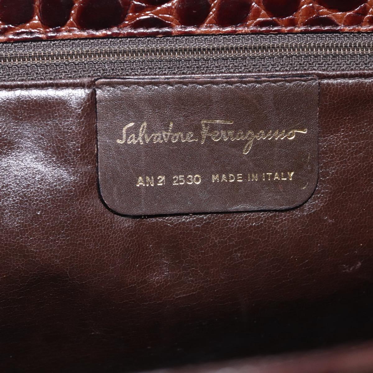 Salvatore Ferragamo Vala Tote Bag Croco Embossing Brown Gold Auth 212061A