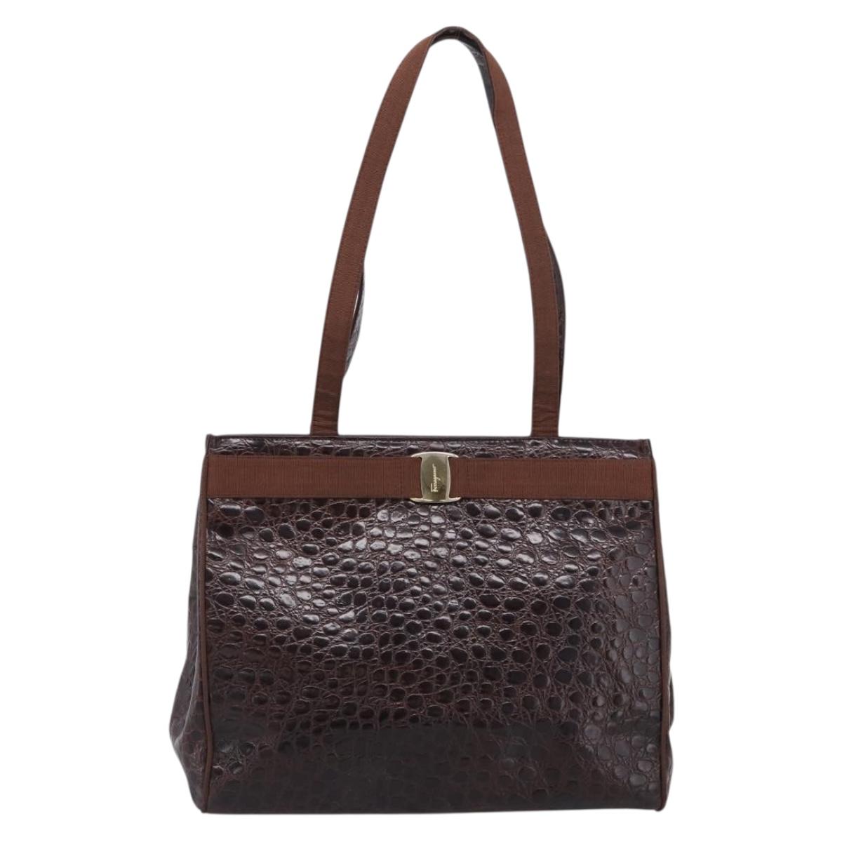 Salvatore Ferragamo Vala Tote Bag Croco Embossing Brown Gold Auth 212061A