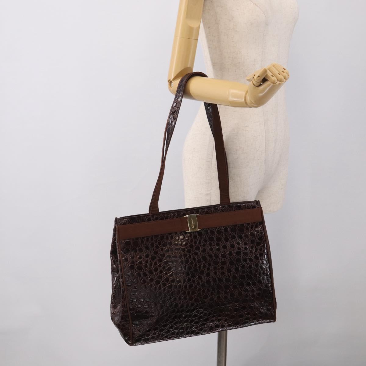Salvatore Ferragamo Vala Tote Bag Croco Embossing Brown Gold Auth 212061A