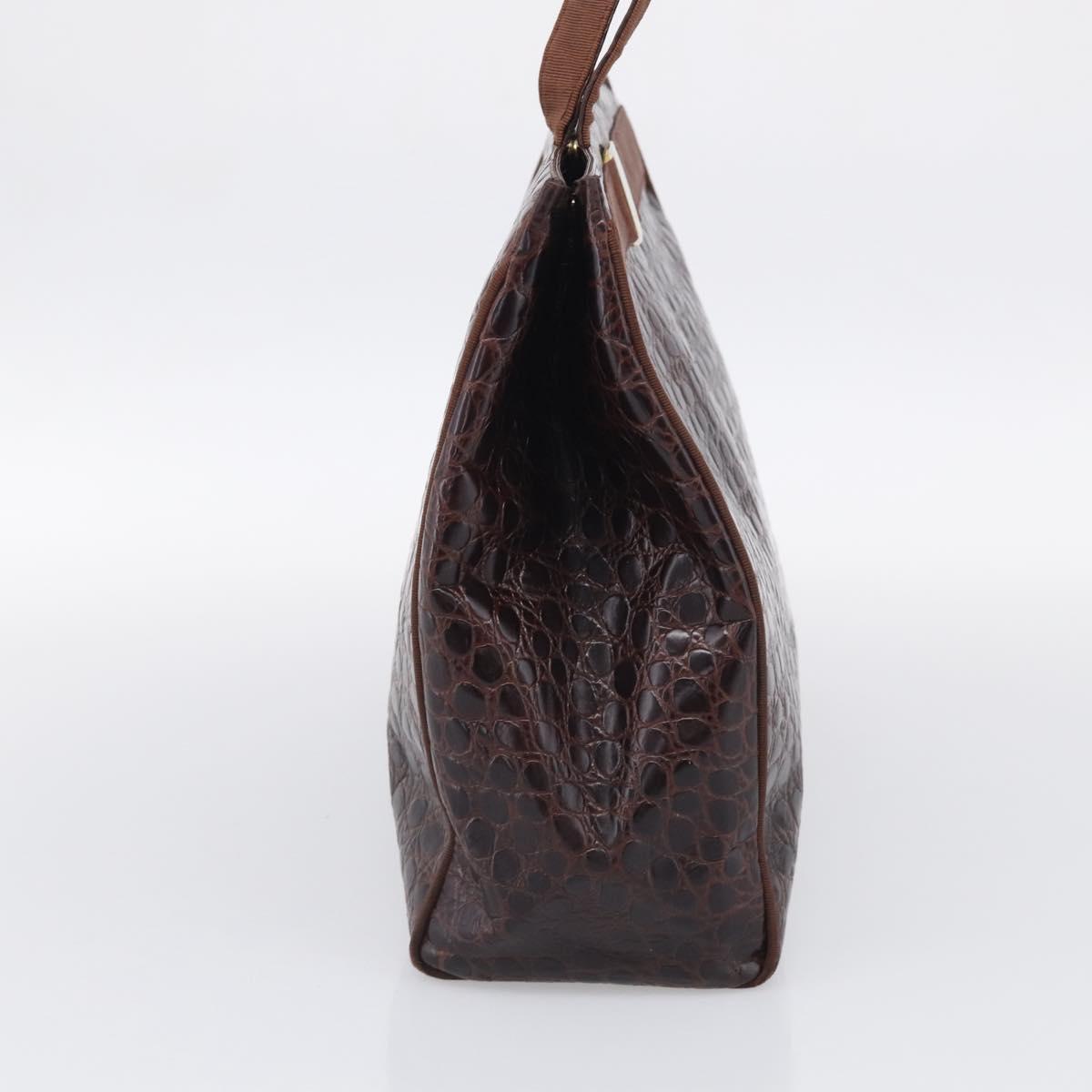 Salvatore Ferragamo Vala Tote Bag Croco Embossing Brown Gold Auth 212061A
