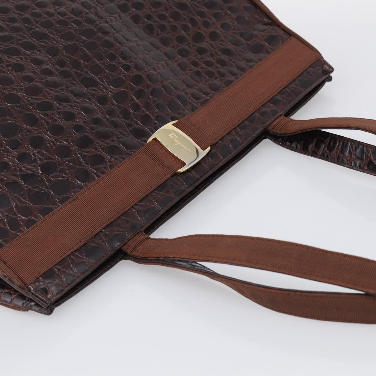 Salvatore Ferragamo Vala Tote Bag Croco Embossing Brown Gold Auth 212061A