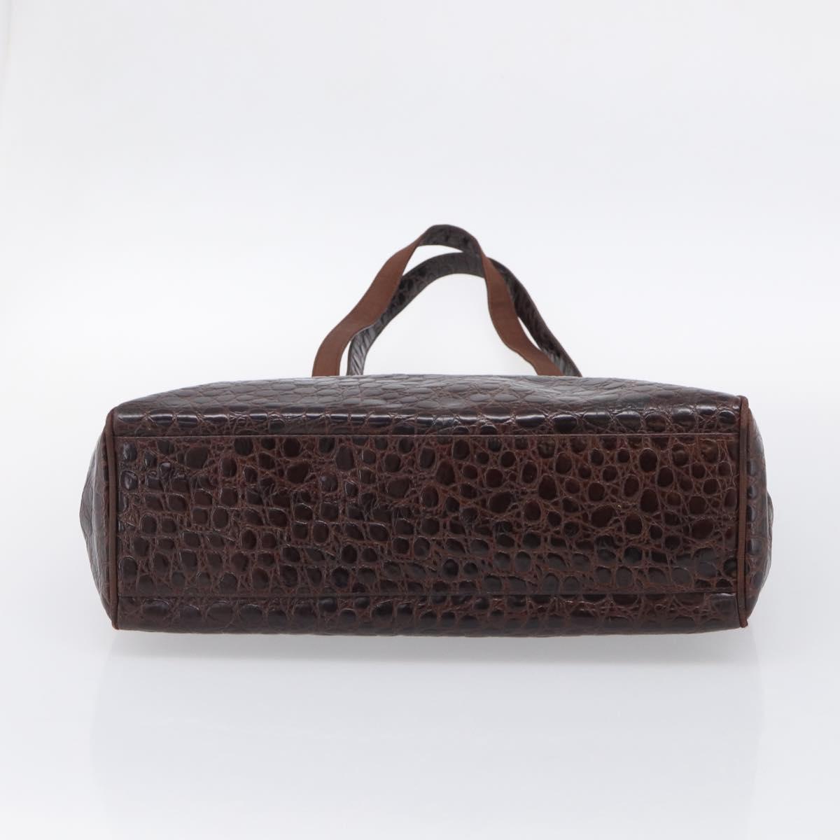 Salvatore Ferragamo Vala Tote Bag Croco Embossing Brown Gold Auth 212061A