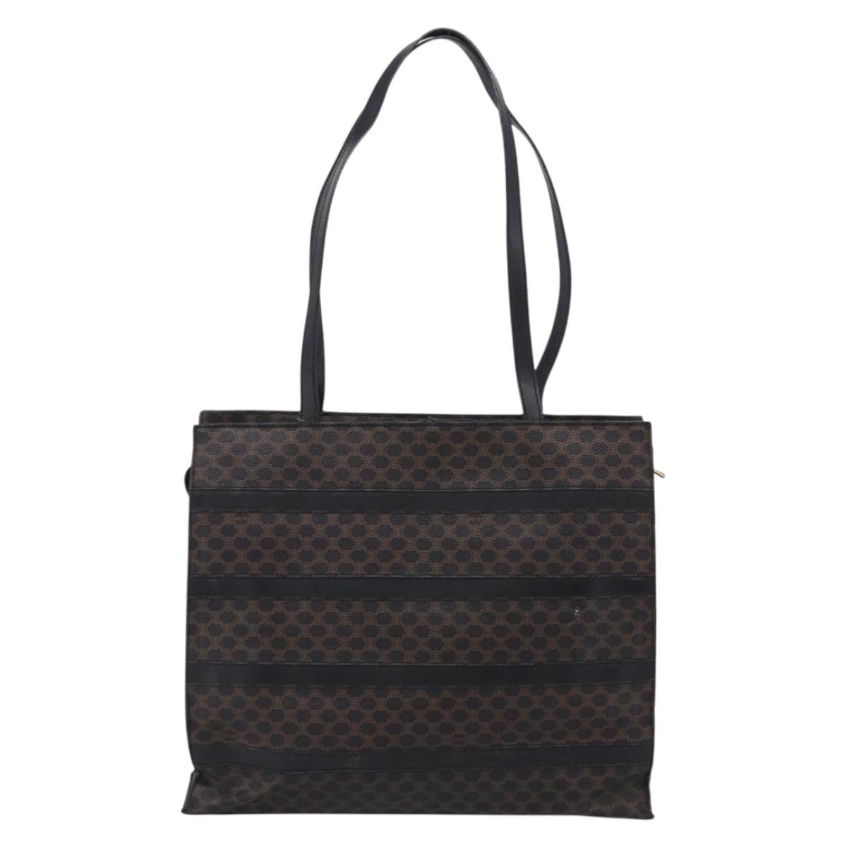 CELINE Macadam Canvas Shoulder Bag PVC Leather Black Gold Auth 212082