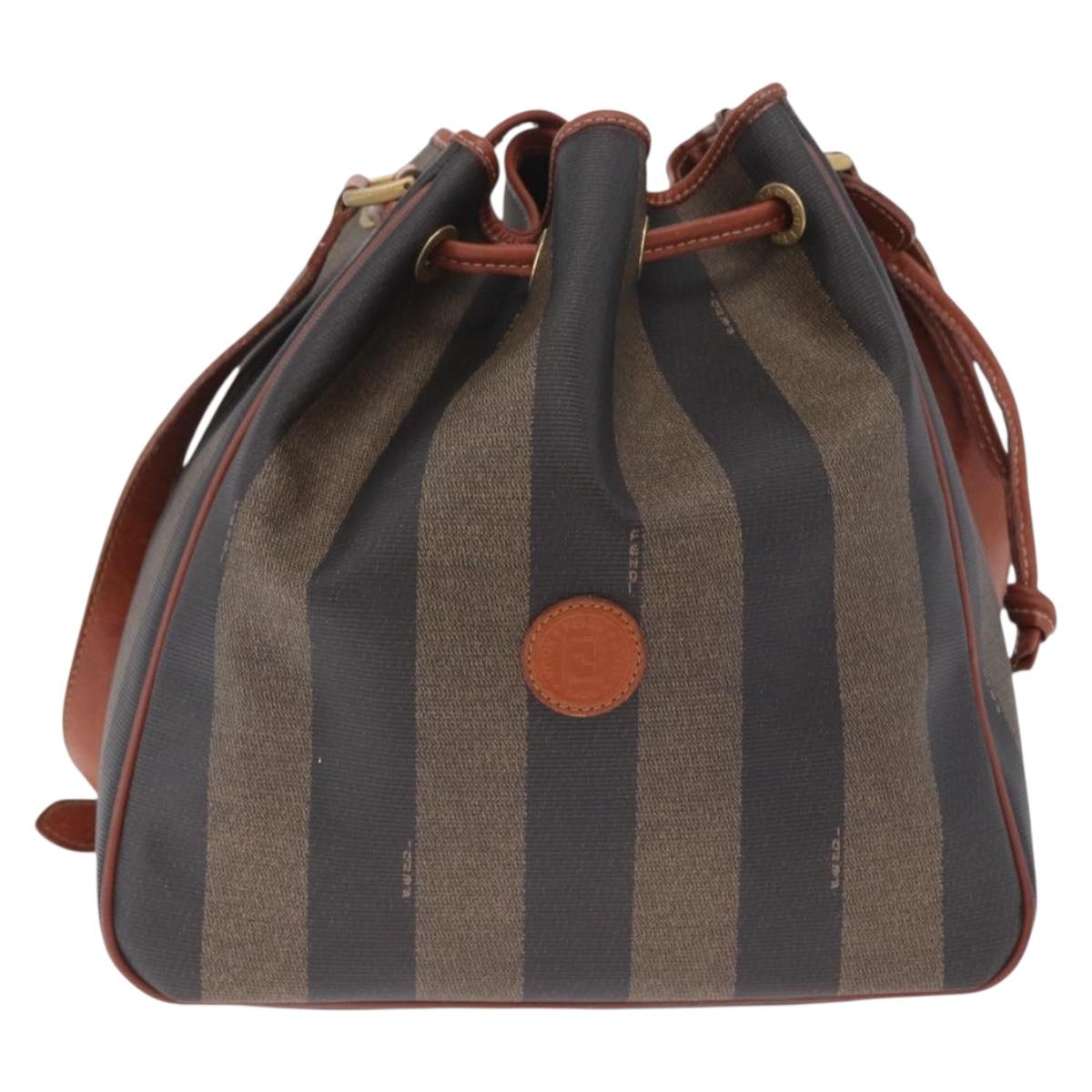 FENDI Pequin Canvas Shoulder Bag PVC Black Brown Auth 212097