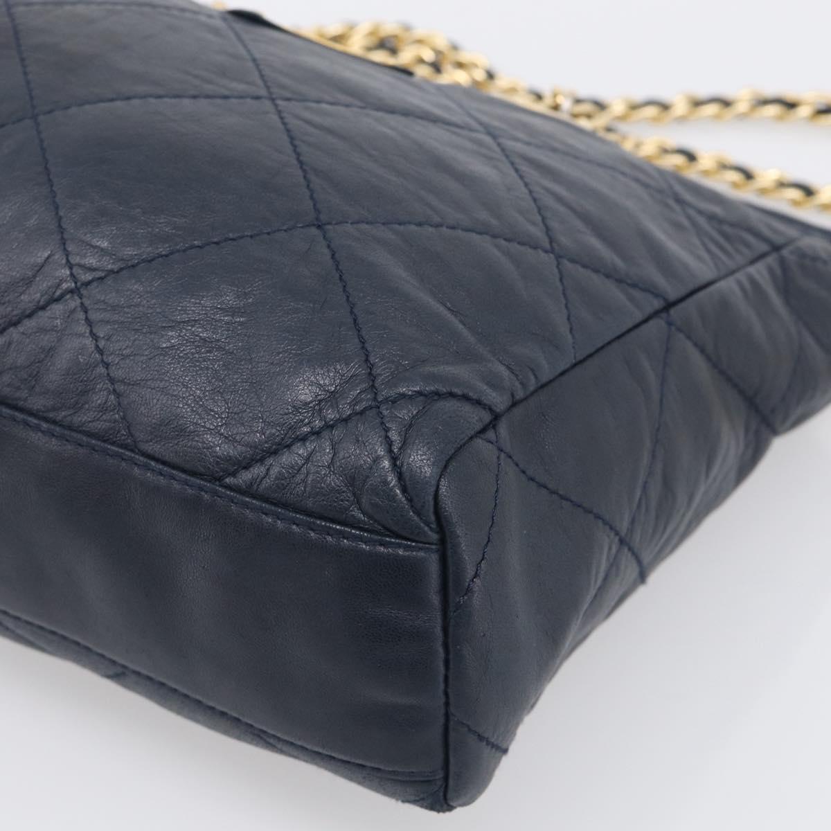 PRADA Chain Shoulder Bag Leather Navy Gold Auth 212105