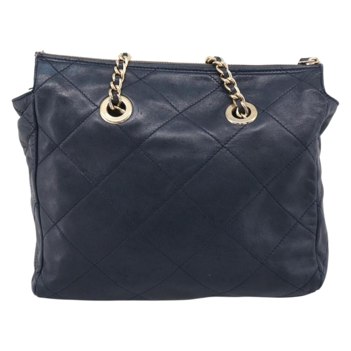 PRADA Chain Shoulder Bag Leather Navy Gold Auth 212105