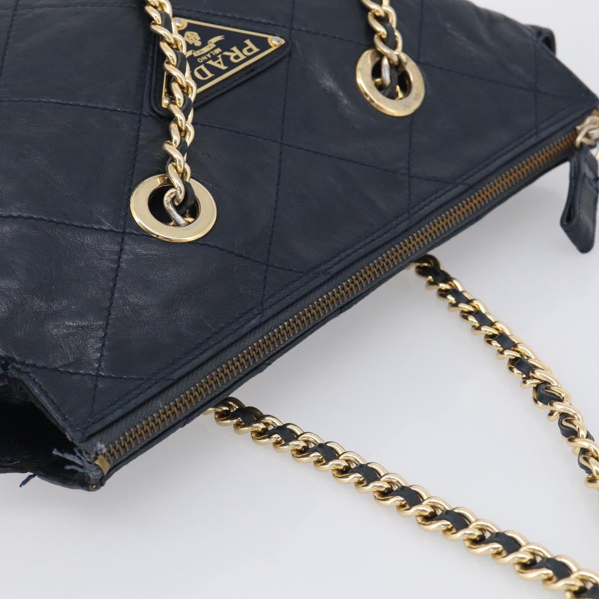 PRADA Chain Shoulder Bag Leather Navy Gold Auth 212105