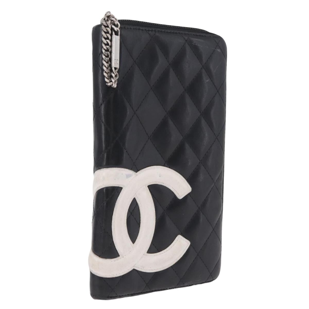 CHANEL Matelasse Cambon Line Long Wallet Lamb Skin Black Silver CC Auth 212124