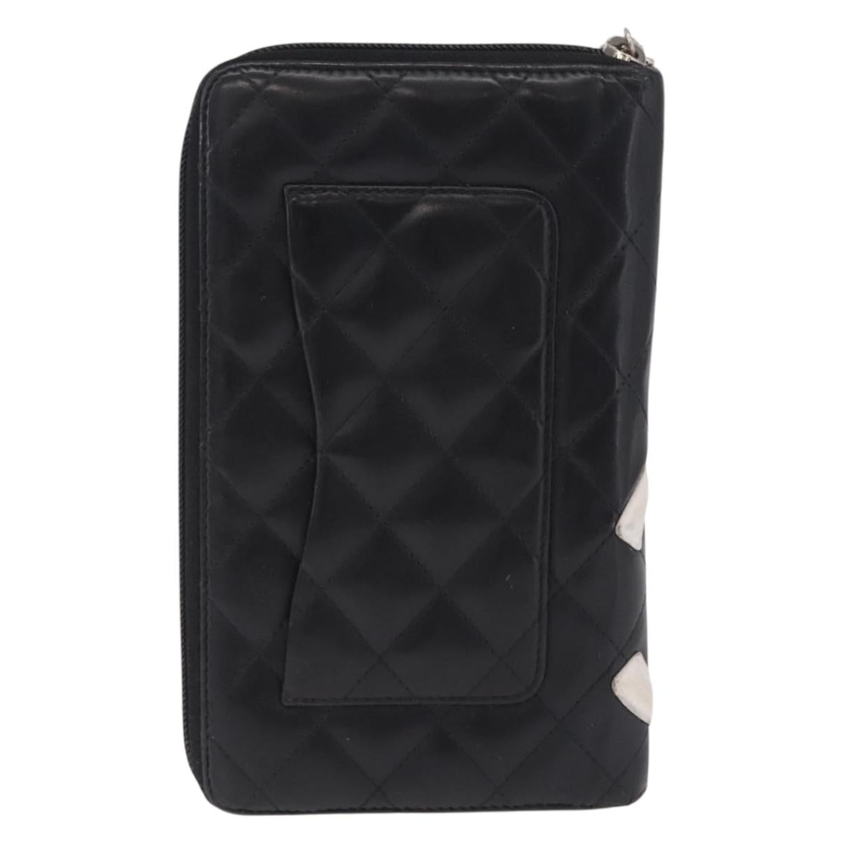 CHANEL Matelasse Cambon Line Long Wallet Lamb Skin Black Silver CC Auth 212124