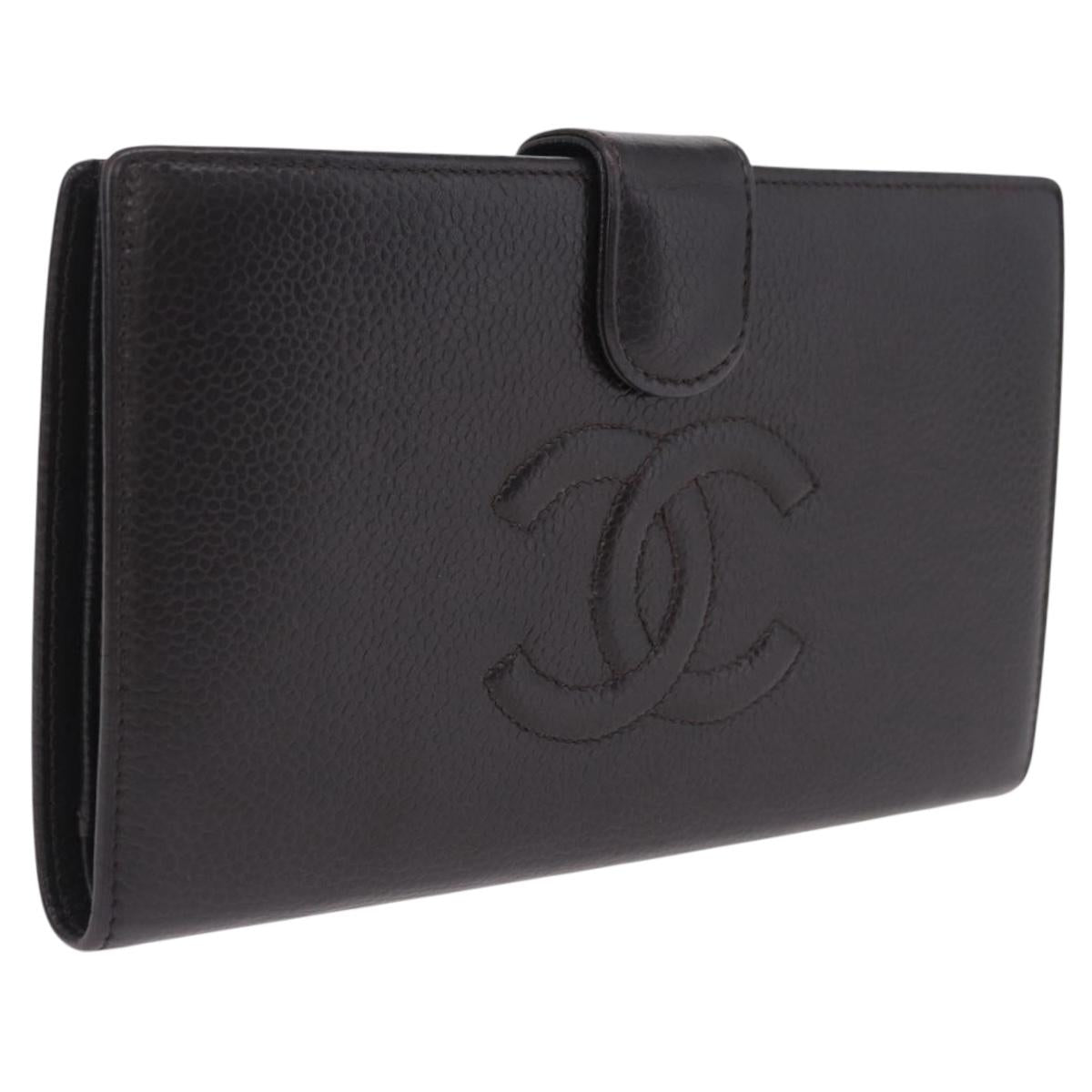 CHANEL Matelasse Long Wallet Caviar Skin Brown CC Auth 212125V