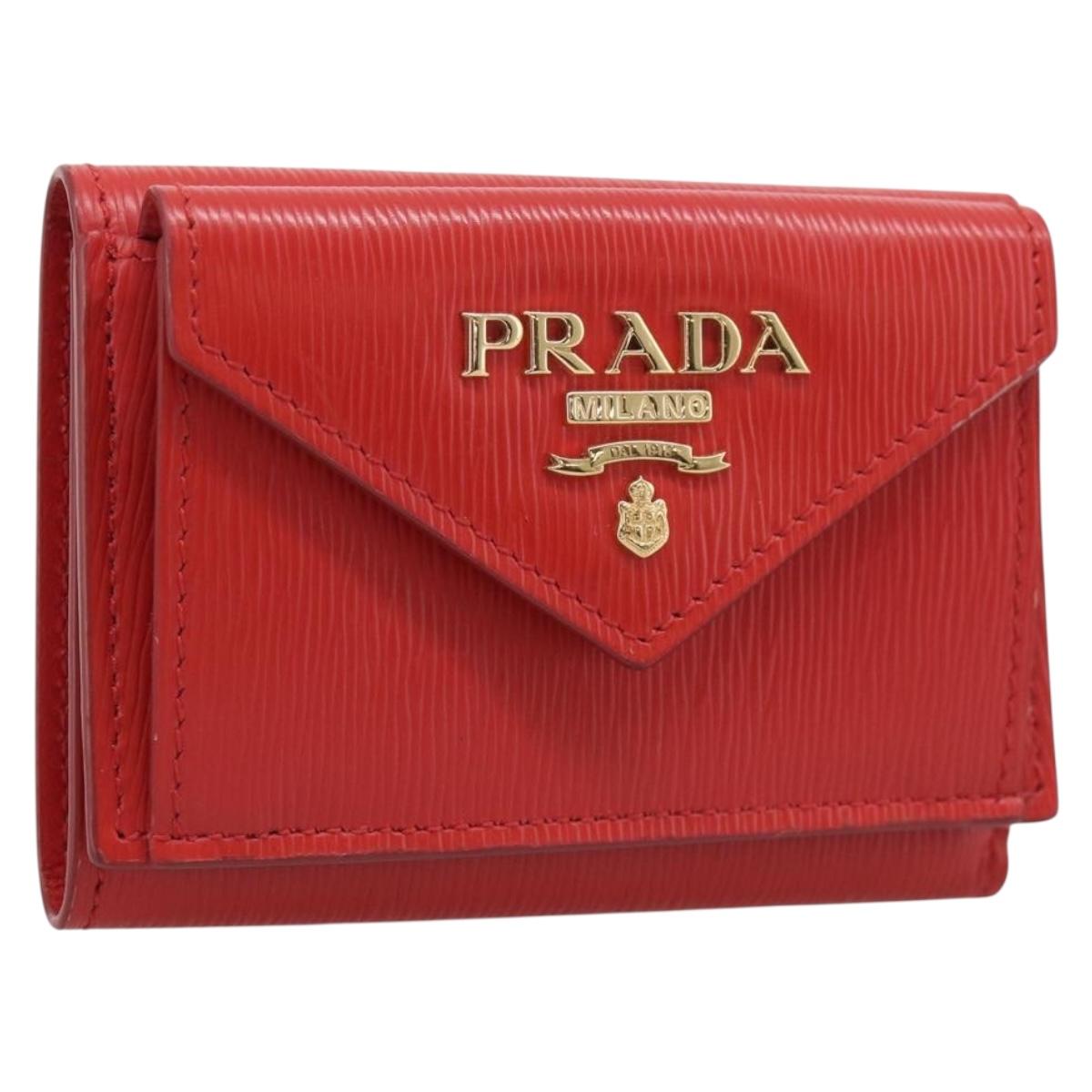 PRADA Trifold Wallet Leather Red Gold Tone Auth 212128M