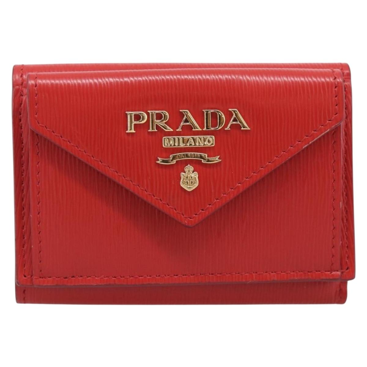 PRADA Trifold Wallet Leather Red Gold Tone Auth 212128M
