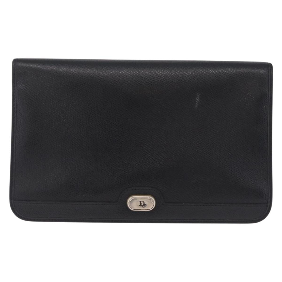 Christian Dior Chain Shoulder Bag Leather Black Gold Auth 212141A