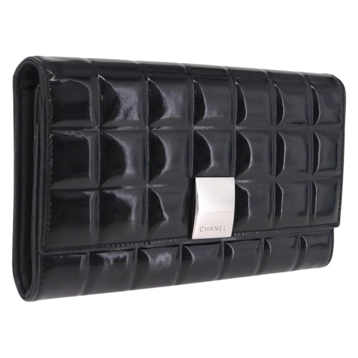 CHANEL Choco Bar line Long Wallet Patent Leather Black Silver CC Auth 212148A