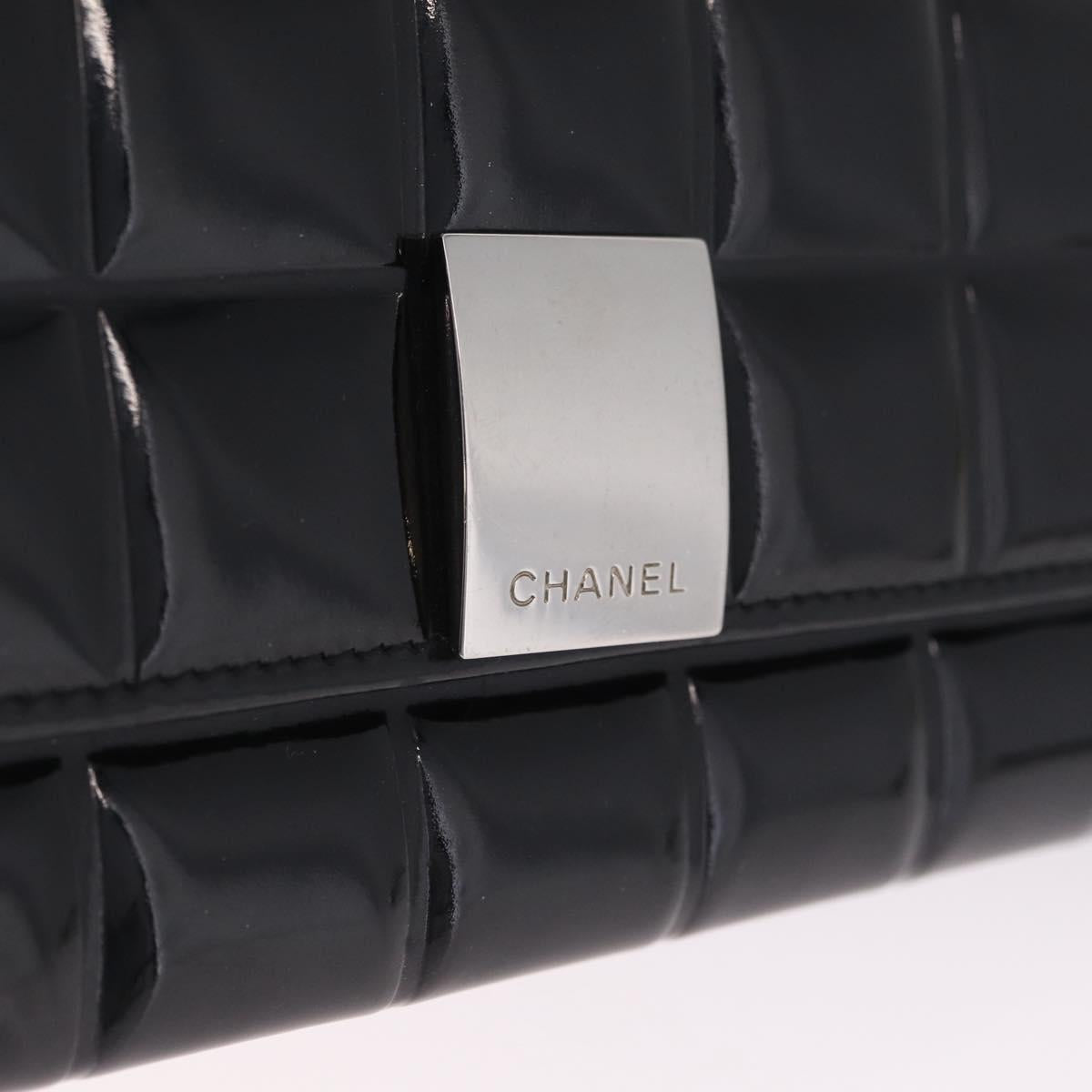 CHANEL Choco Bar line Long Wallet Patent Leather Black Silver CC Auth 212148A