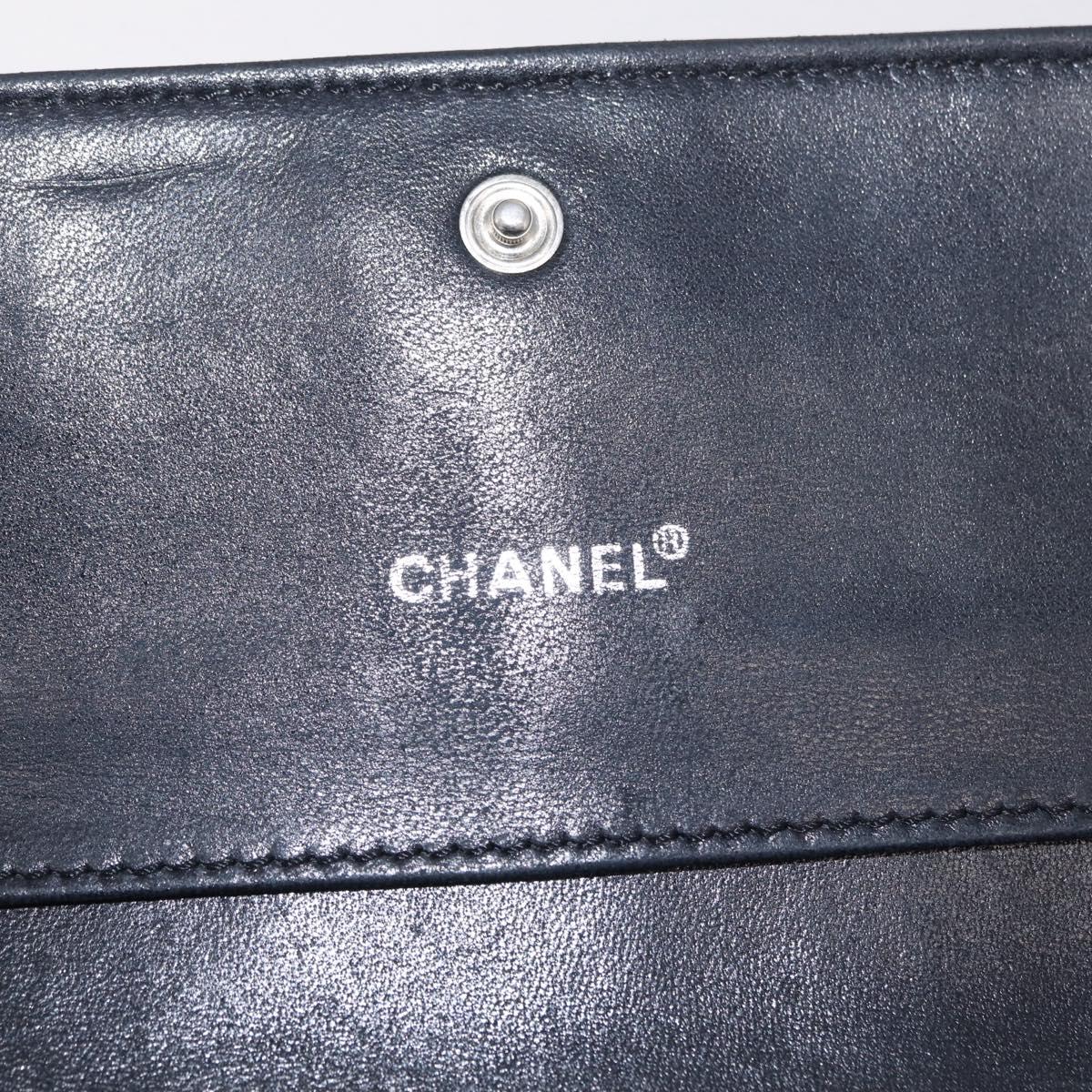 CHANEL Choco Bar line Long Wallet Patent Leather Black Silver CC Auth 212148A