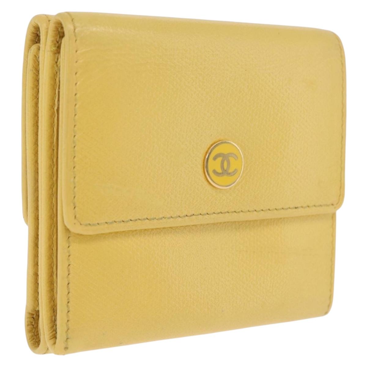 CHANEL Trifold Wallet Leather Yellow Gold CC Auth 212149A