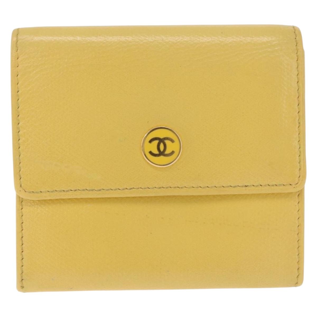 CHANEL Trifold Wallet Leather Yellow Gold CC Auth 212149A