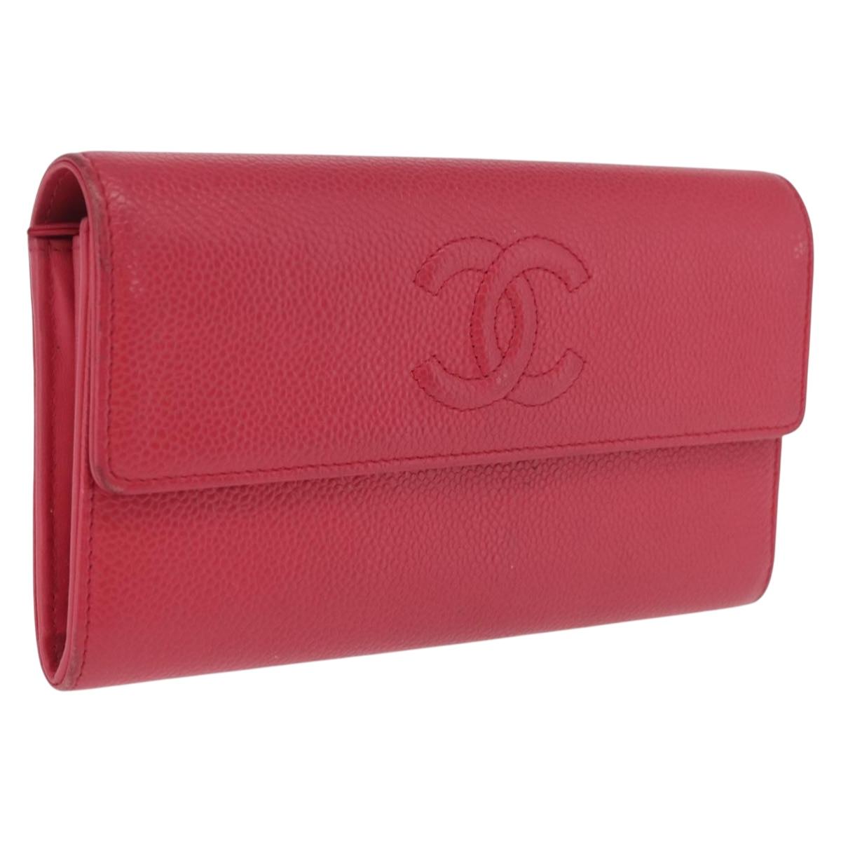 CHANEL Matelasse Long Wallet Caviar Skin Pink Silver CC Auth 212152A