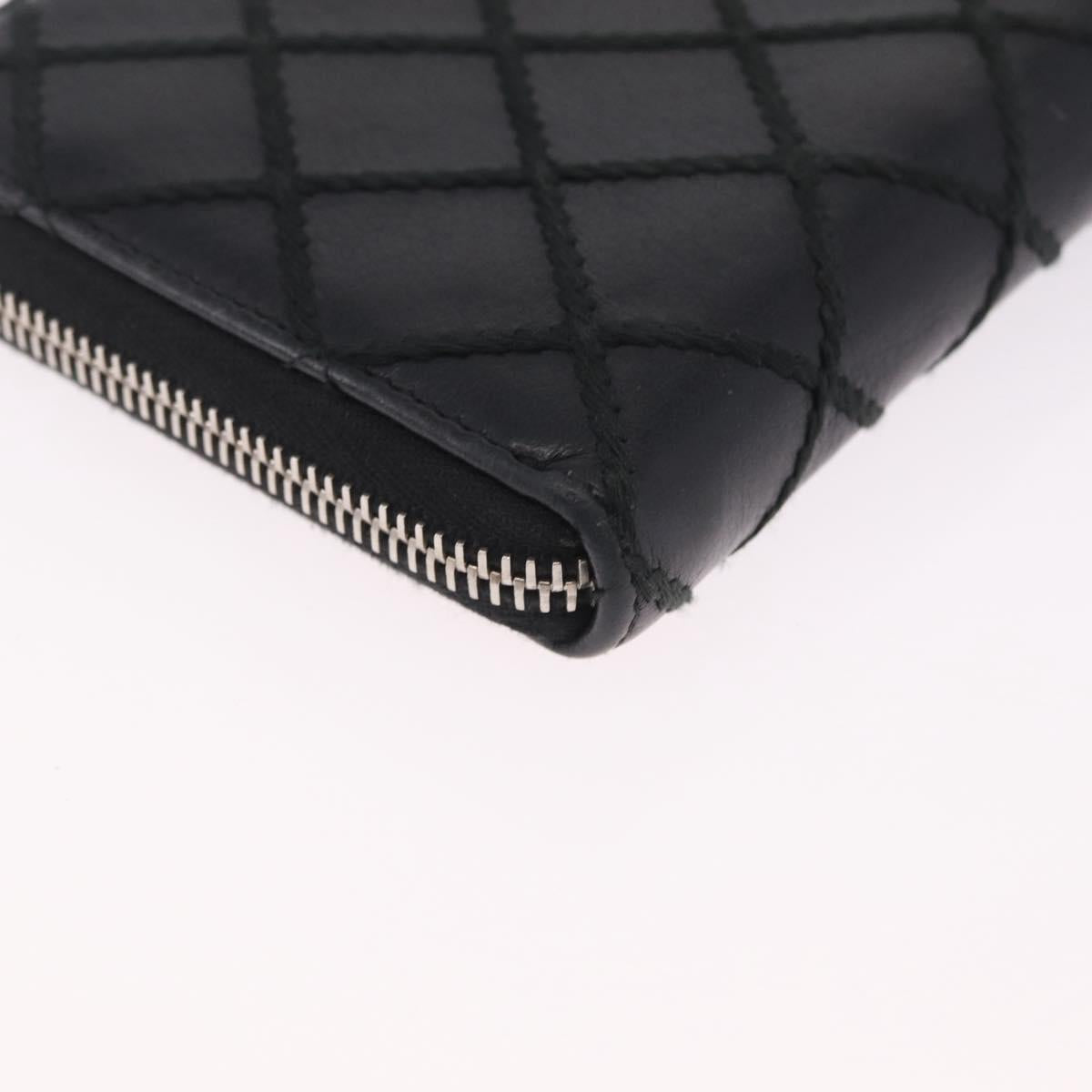 CHANEL Wild Stitch Long Wallet Leather Black Silver CC Auth 212153V