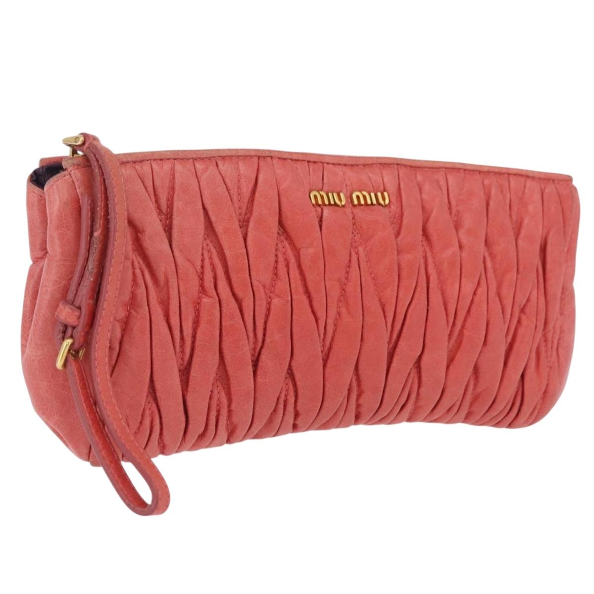 Miu Miu Matelasse Clutch Bag Leather Gold Pink Auth 212420A
