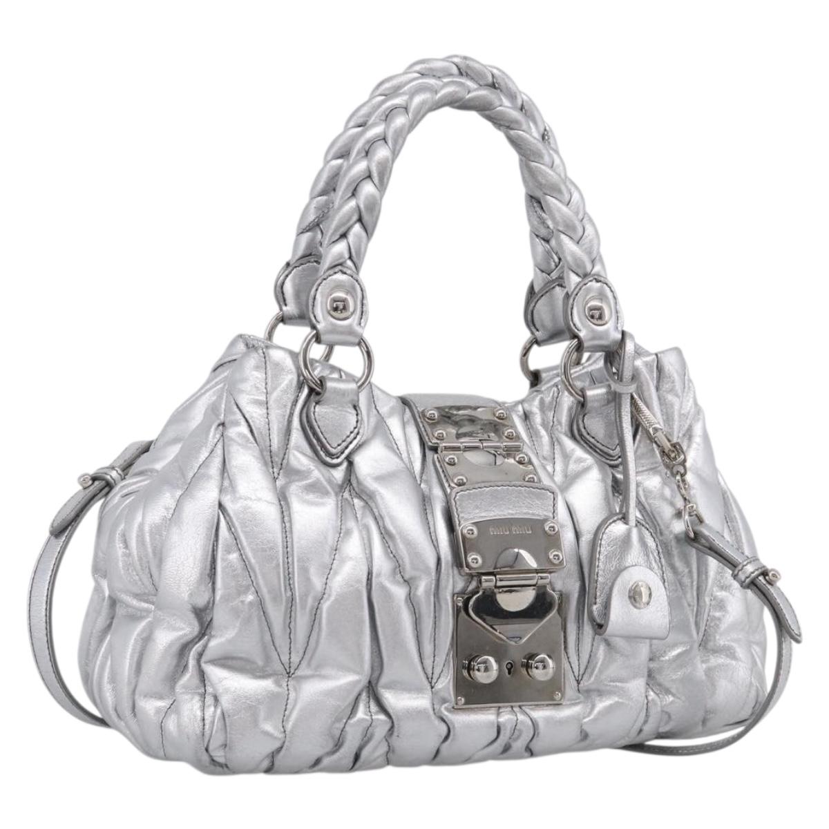 Miu Miu Matelasse Hand Bag Leather 2way Silver Auth 212424SAM