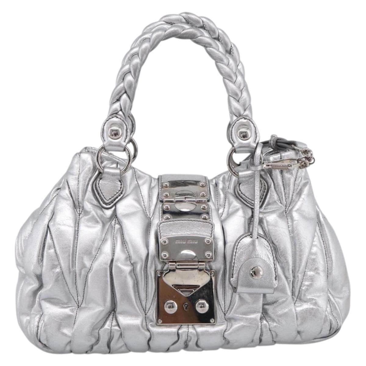 Miu Miu Matelasse Hand Bag Leather 2way Silver Auth 212424SAM