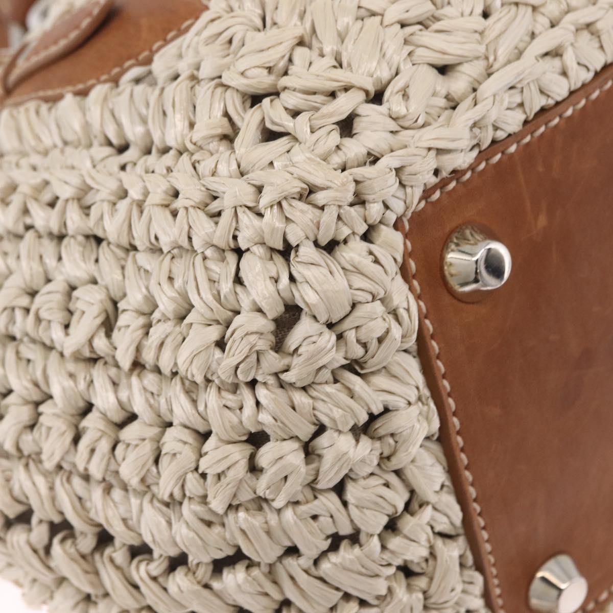 Miu Miu Hand Bag leather Straw 2way Beige Silver Auth 212426M