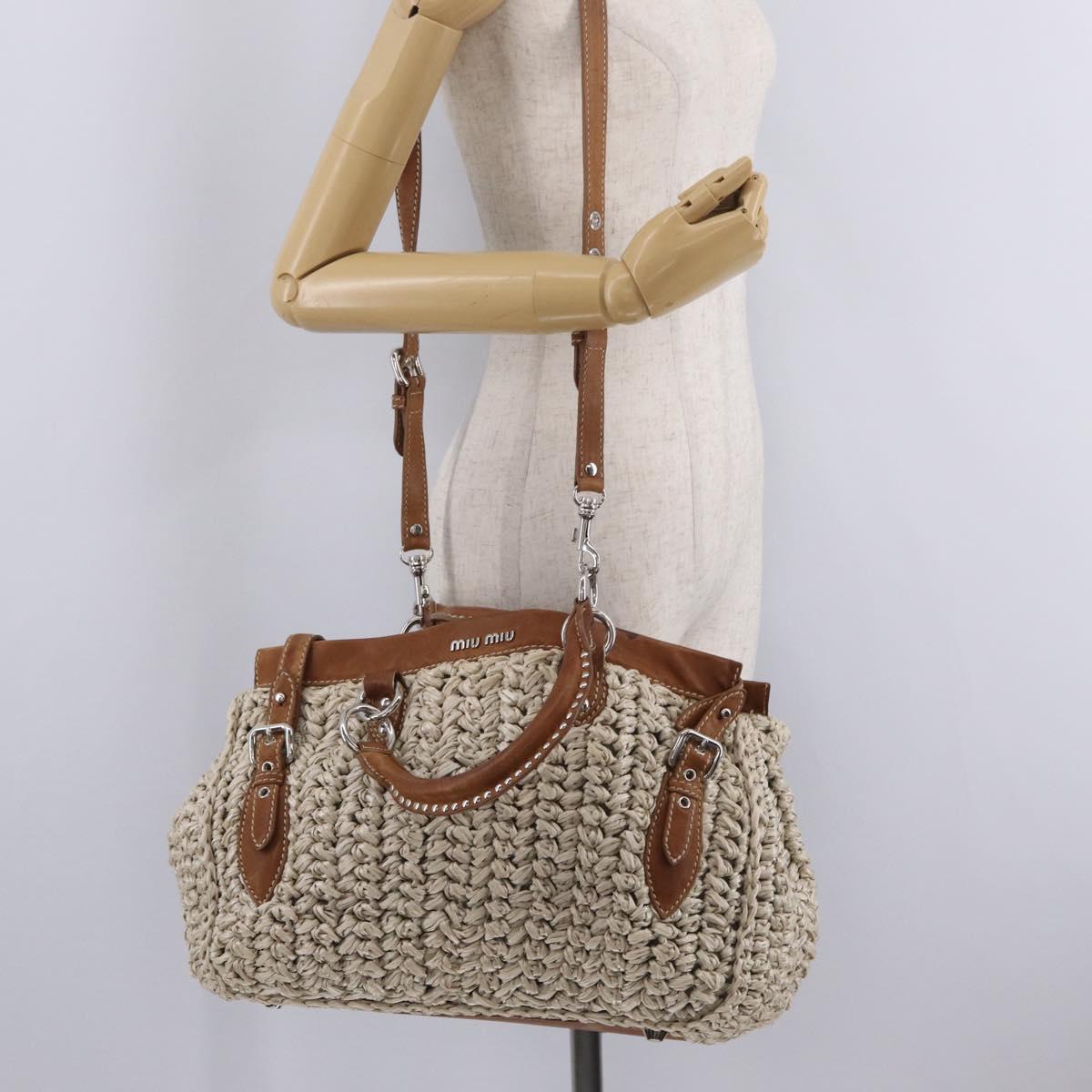 Miu Miu Hand Bag leather Straw 2way Beige Silver Auth 212426M