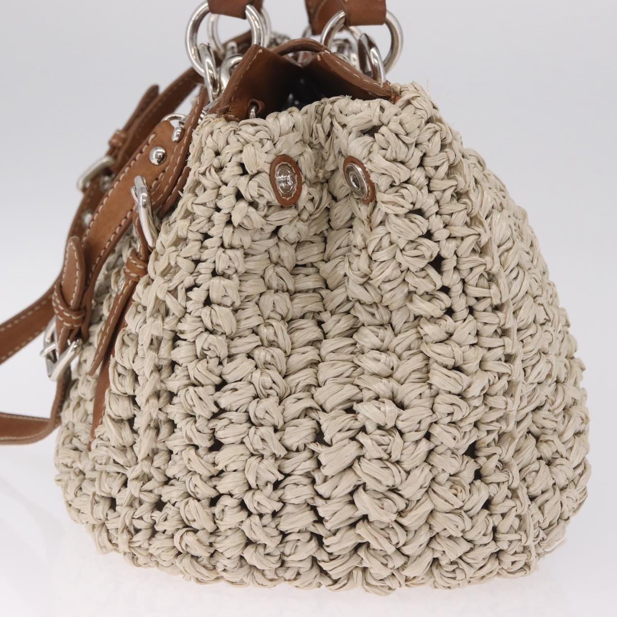 Miu Miu Hand Bag leather Straw 2way Beige Silver Auth 212426M