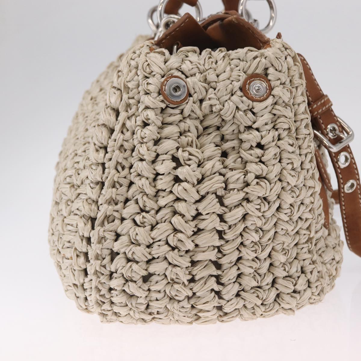 Miu Miu Hand Bag leather Straw 2way Beige Silver Auth 212426M