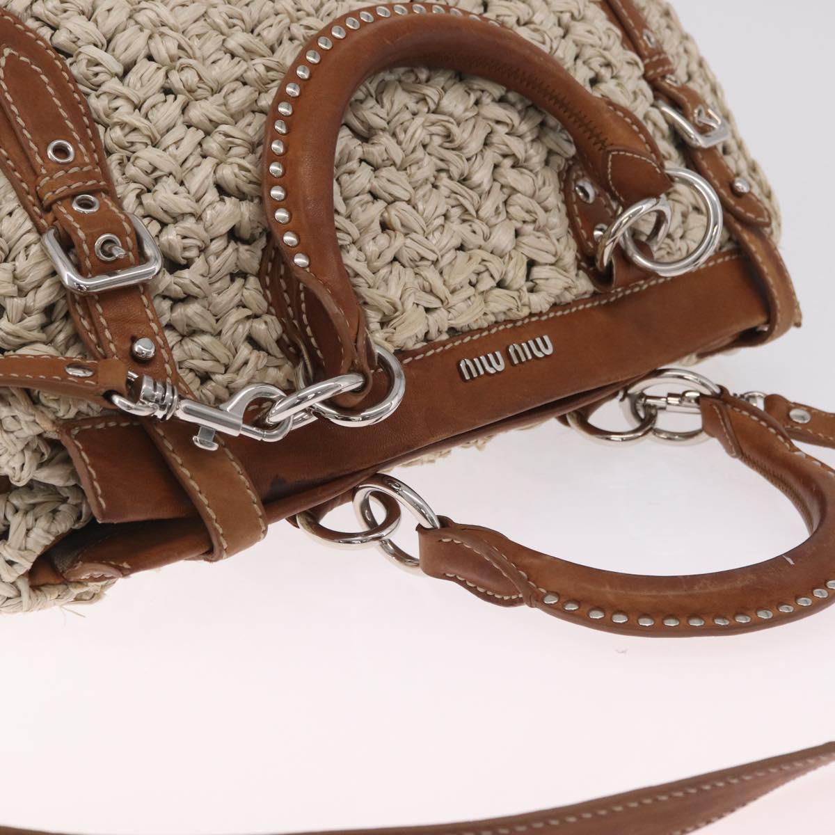 Miu Miu Hand Bag leather Straw 2way Beige Silver Auth 212426M
