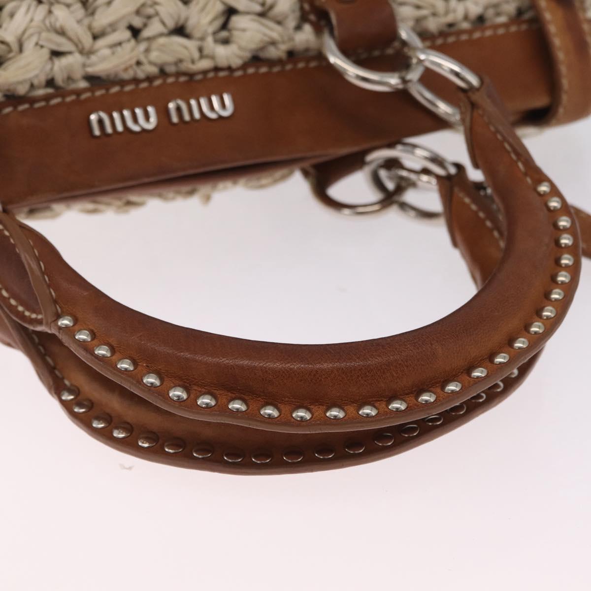 Miu Miu Hand Bag leather Straw 2way Beige Silver Auth 212426M