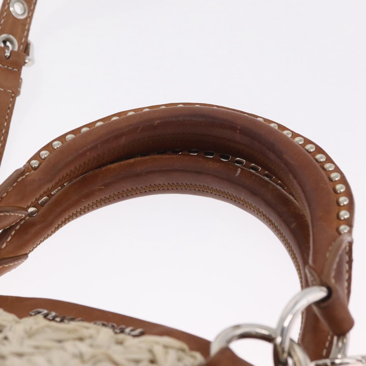 Miu Miu Hand Bag leather Straw 2way Beige Silver Auth 212426M