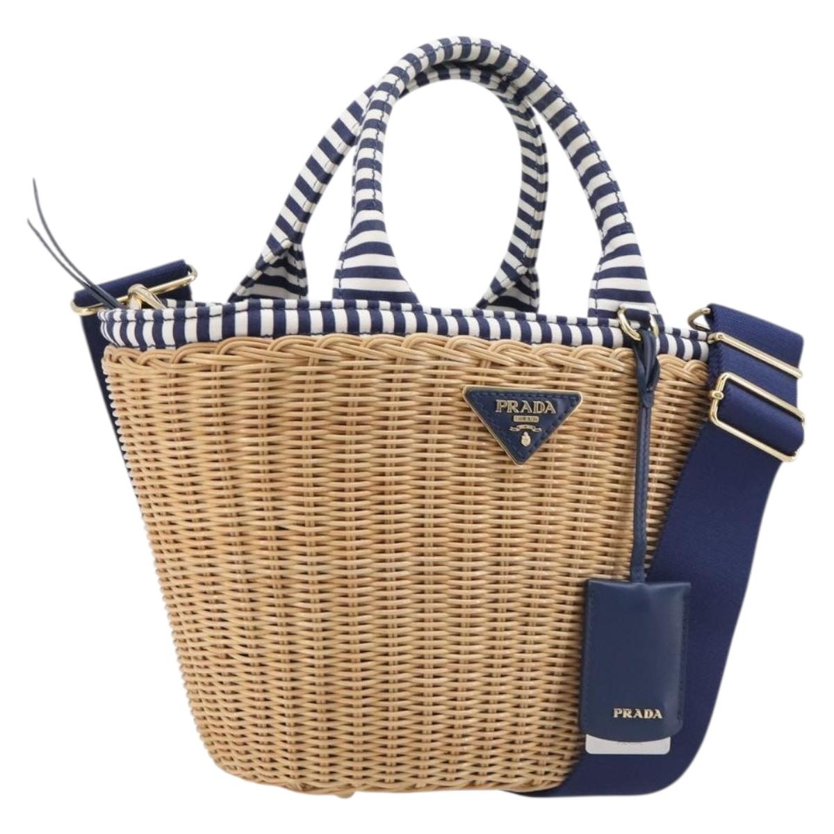 PRADA Hand Bag Raffia 2way Beige Gold Auth 212434SAM