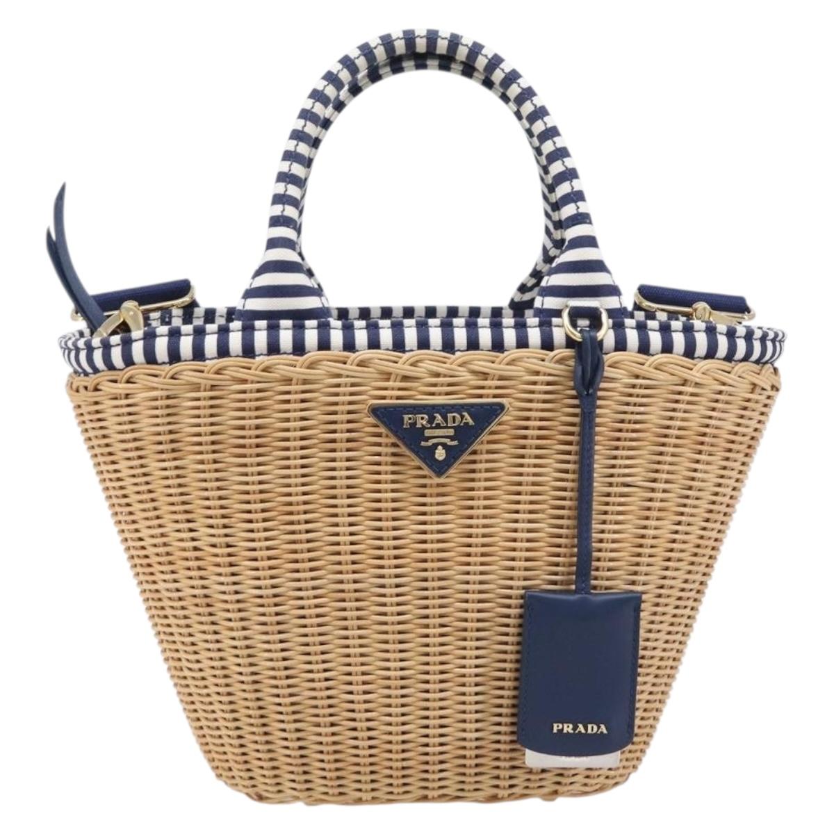PRADA Hand Bag Raffia 2way Beige Gold Auth 212434SAM