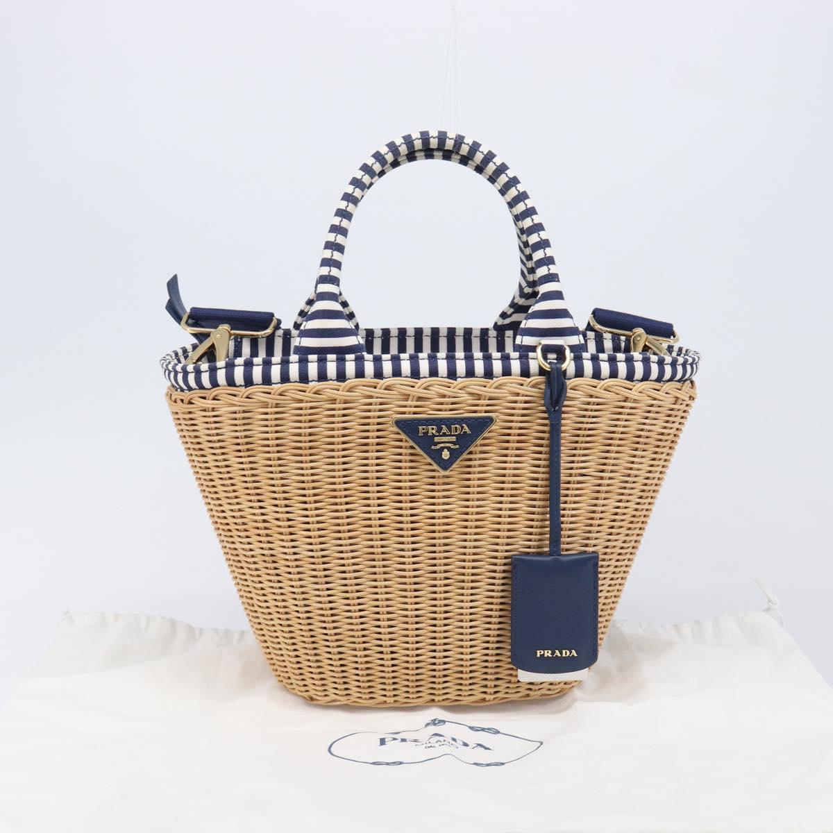 PRADA Hand Bag Raffia 2way Beige Gold Auth 212434SAM