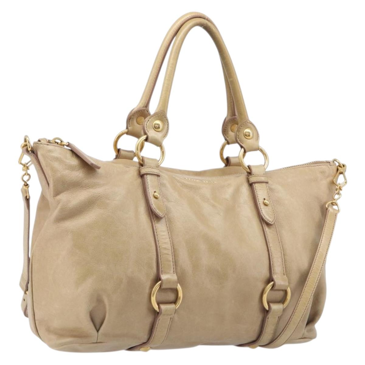 Miu Miu Hand Bag Leather 2way Beige Gold Auth 212441A