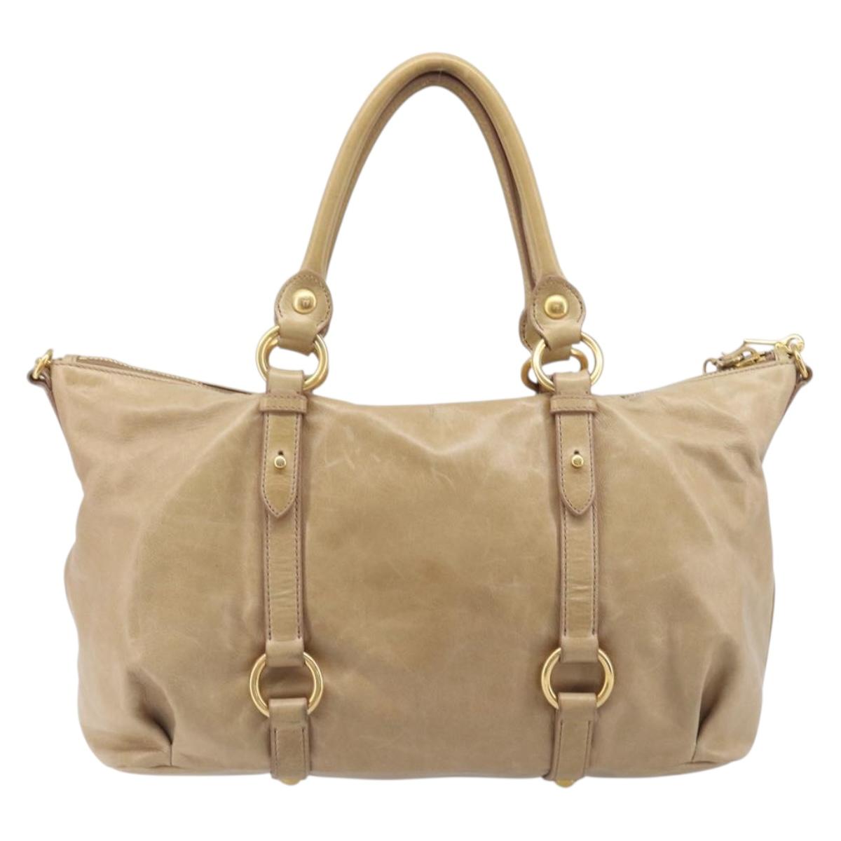 Miu Miu Hand Bag Leather 2way Beige Gold Auth 212441A