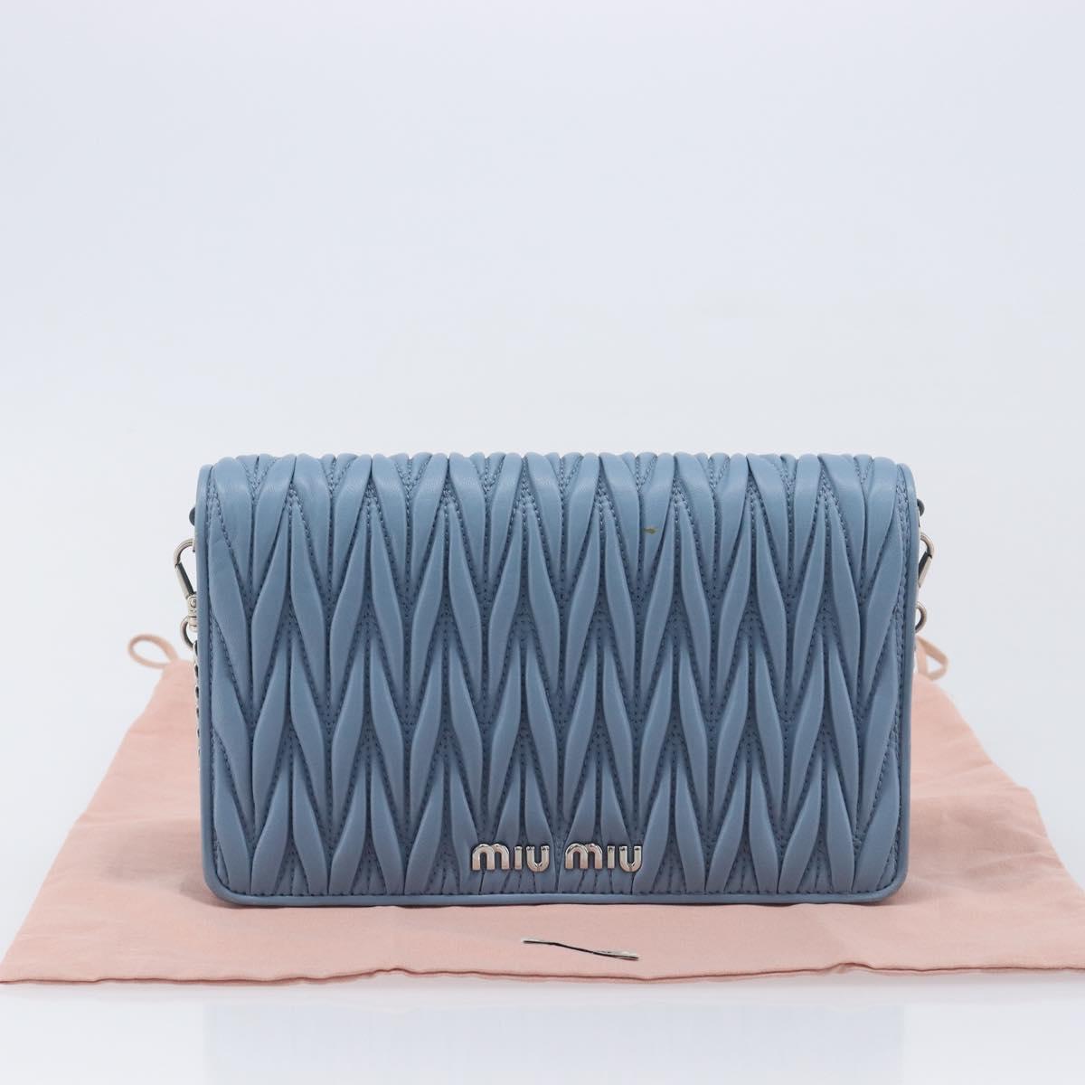 Miu Miu Matelasse Chain Shoulder Bag Leather Silver Light Blue Auth 212448SAM