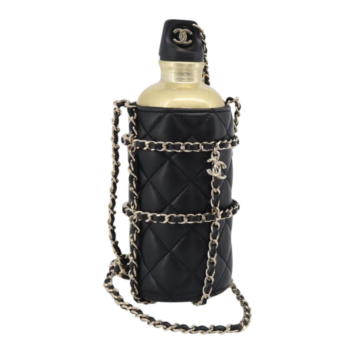 CHANEL COCO Mark Quilted Water Bottle Leather Black Gold CC Auth 212714SM