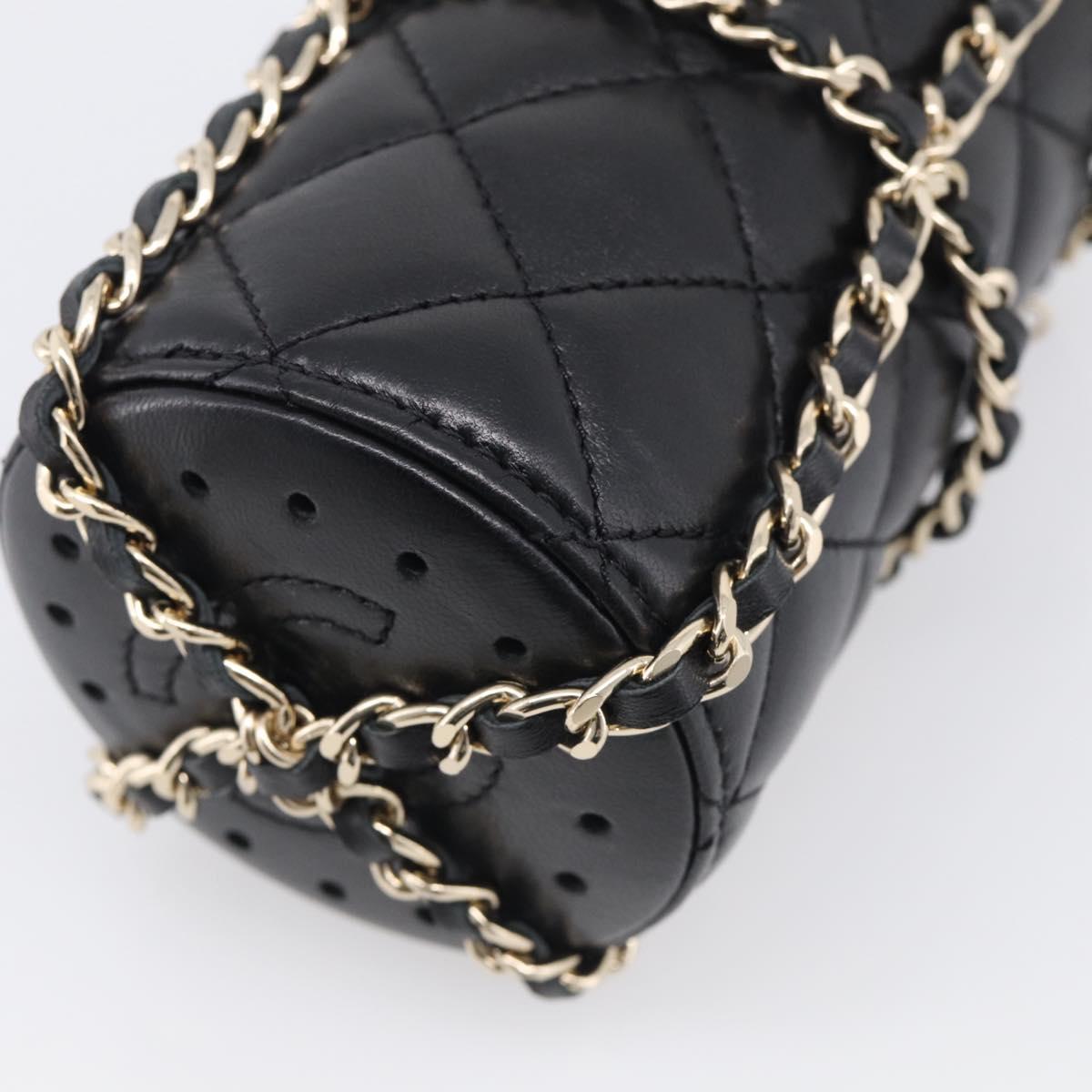 CHANEL COCO Mark Quilted Water Bottle Leather Black Gold CC Auth 212714SM