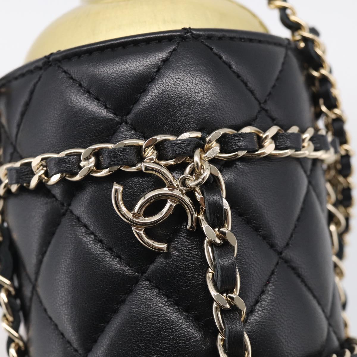 CHANEL COCO Mark Quilted Water Bottle Leather Black Gold CC Auth 212714SM