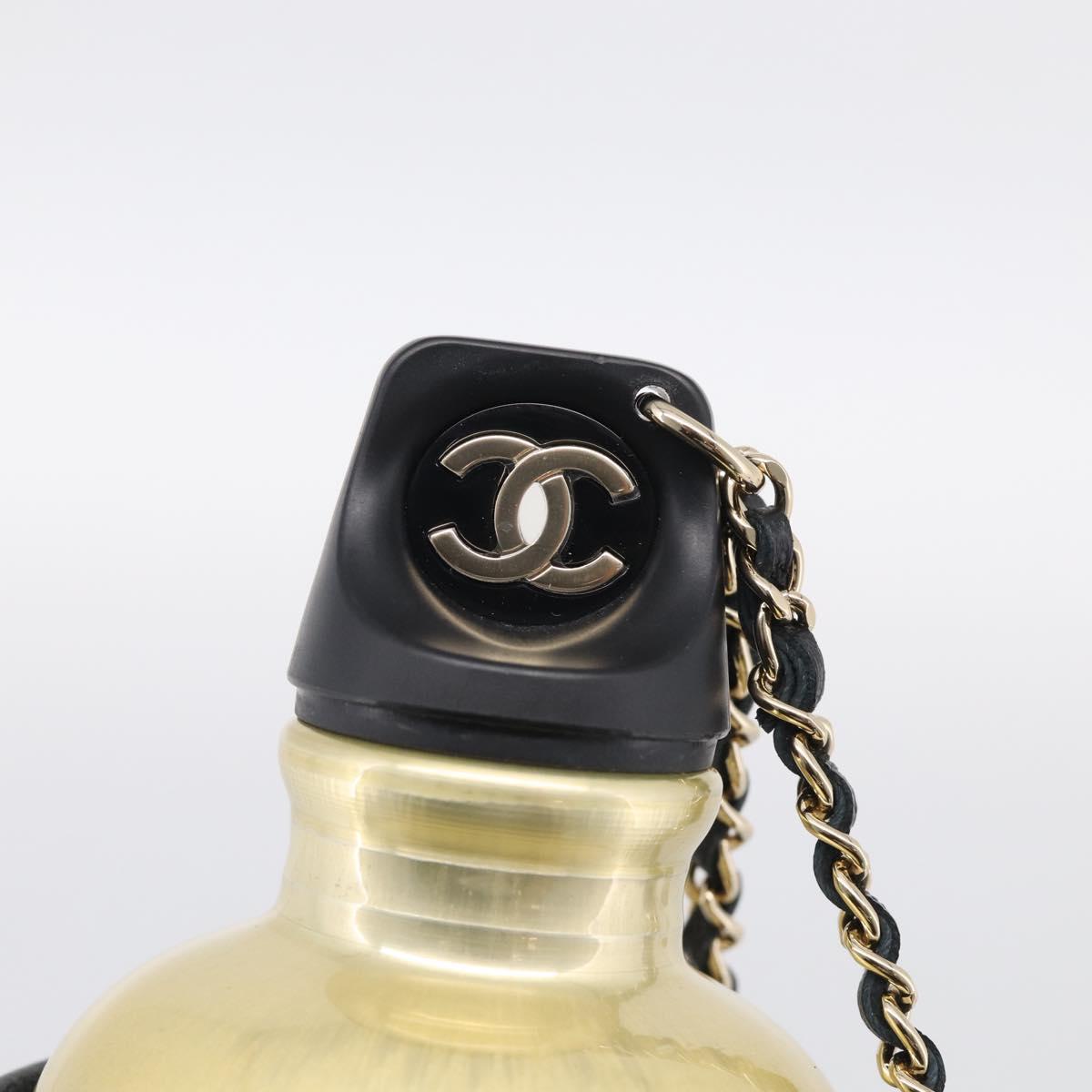 CHANEL COCO Mark Quilted Water Bottle Leather Black Gold CC Auth 212714SM