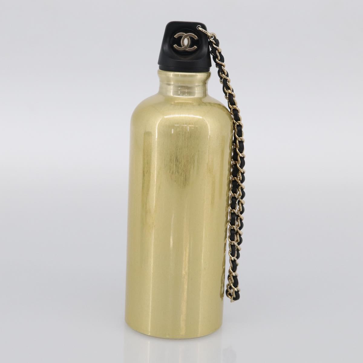 CHANEL COCO Mark Quilted Water Bottle Leather Black Gold CC Auth 212714SM